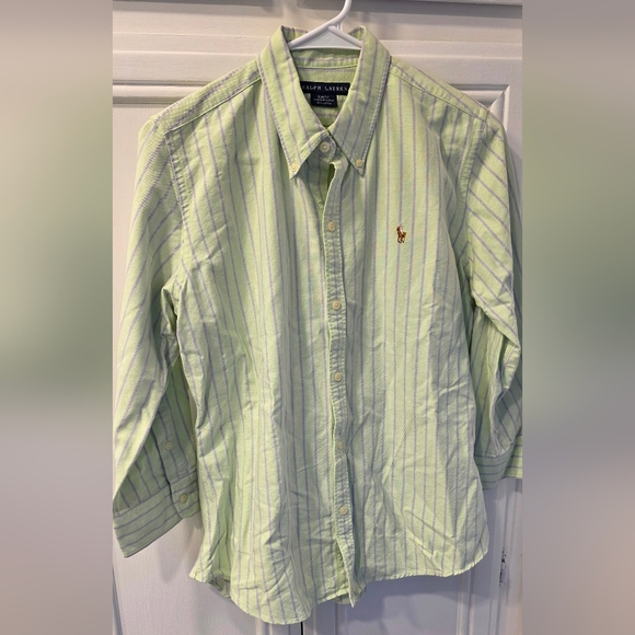 Ralph Lauren Women's Light Green Striped Slim Fit Polo Button Down ~ Size 12 - Picture 2 of 11